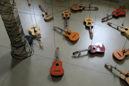 Plan en plongée des guitares en exposition.