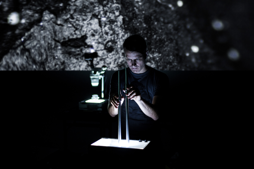 Martin Messier manipule microscope, caméra et table lumineuse devant un écran qui retranscrit l'action.